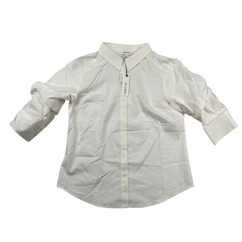 Current Air Shirt Womens M Woven Poplin Cotton Button Top 3/4 Sleeve Ruched